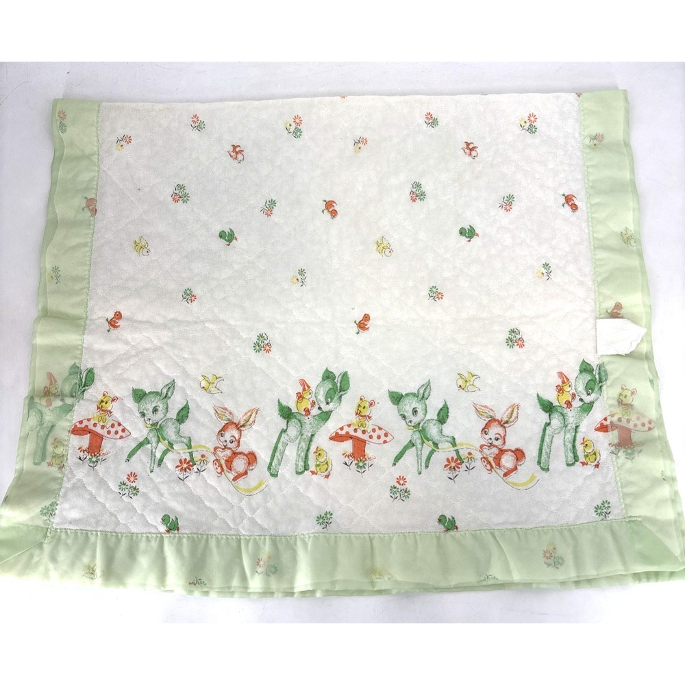 Vintage 70s Acrylic Baby Blanket Satin Trim Woodland Mushrooms Dear Bunny Chick - Picture 10 of 16